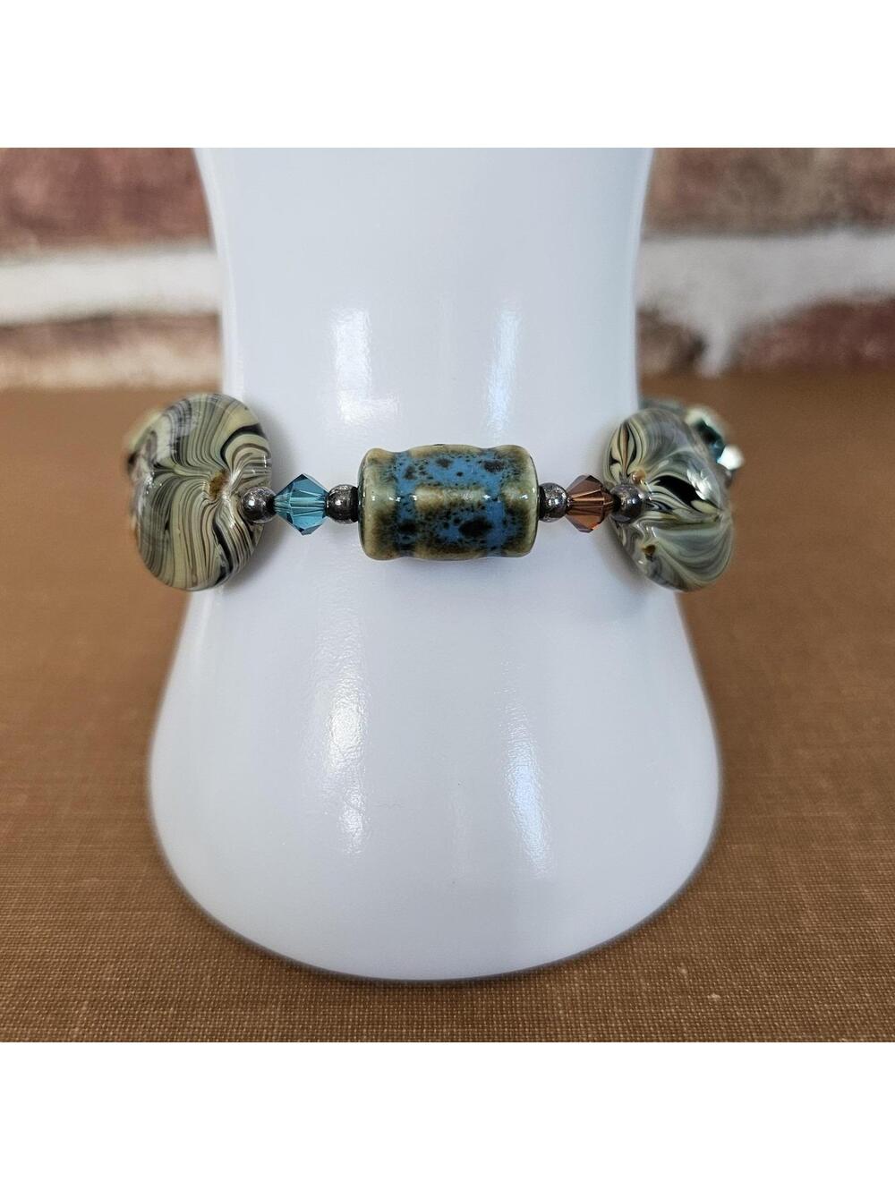Artisan Ceramic Bead Bracelet w/ Sterling 925 Toggle Clasp Blue Brown Boho Style